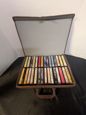Vintage Cassette tape lot large carrying case holder classic mixed genre music
